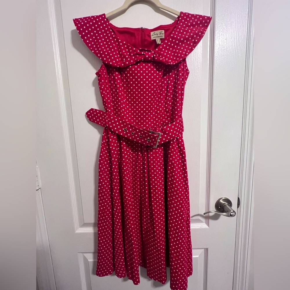 Lindy Bop Rockabilly red white polka dot fit & flare with belt. Size Small.